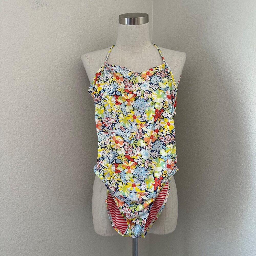 Polo Ralph Lauren One Bathing Suit Flora Print Back Lace Up Multicolor Sz S